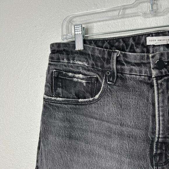 Good American Womens Darted Distressed High Waist Black Straight Jeans 8/29 - Picture 7 of 12